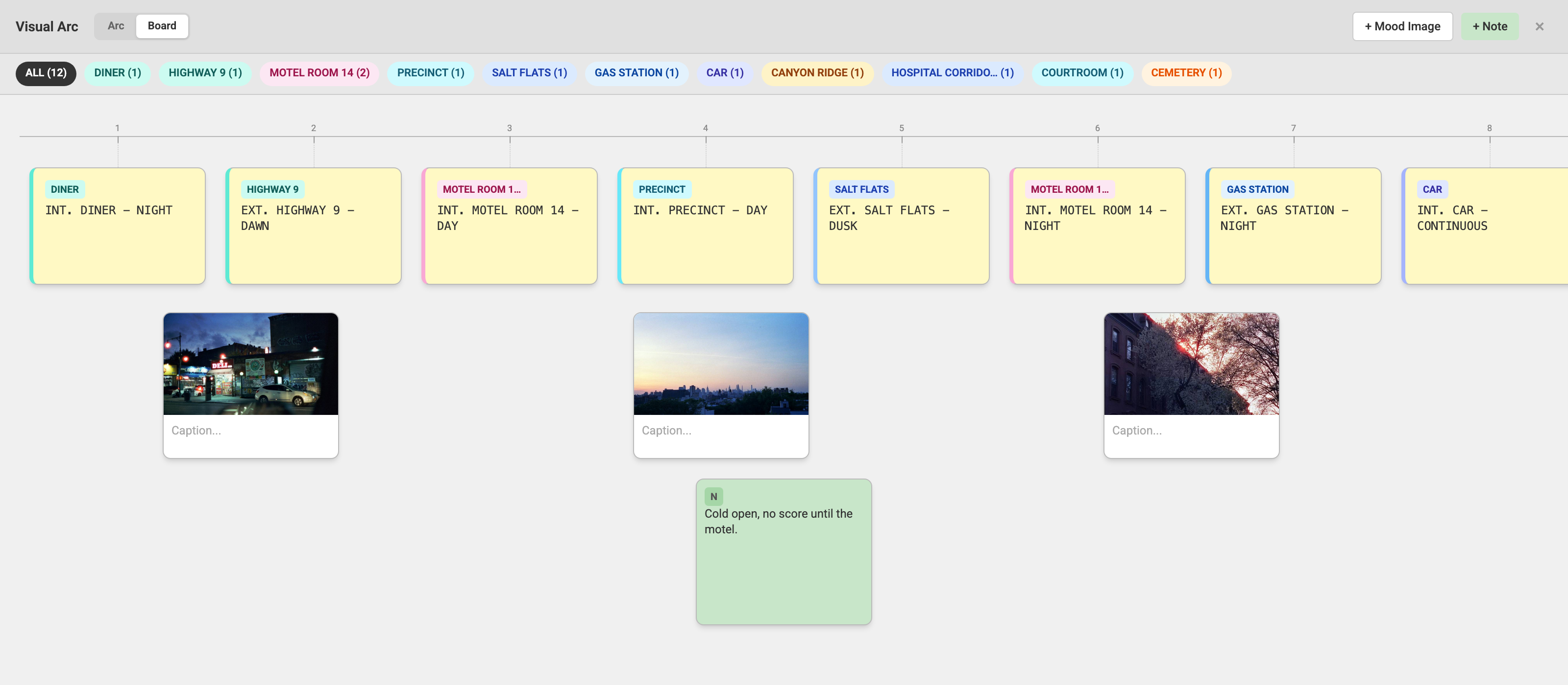 The Board view: scene cards along a numbered timeline axis, with mood image cards and a note card in lanes beneath them.